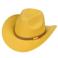 Detail of yellow cowboy hat with brown leather belt and gold metal buckle close-up - M (56-58cm) / Yellow (165-N)