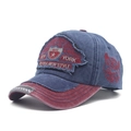 Vintage washed denim baseball cap with navy red contrast and New York shield embroidery - Navy Blue