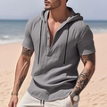 Men's casual grey short sleeve linen hoodie shirt for beach leisure wear on the coast - Gray