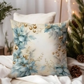 Elegant Christmas pillow cover with blue flowers and golden berries on white fabric - TQDS68-22(Light Blue Poinsettia)