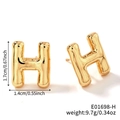 Polished gold bubble letter H stud earrings with 3D metallic texture and dimensions - Letter H (E01698-H)