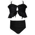 Bikini deux pièces noir pour filles avec bordures à volants, découpe à nouer et taille haute - 104 / Ensemble Haut à Cordon Noir et Bas Froncé