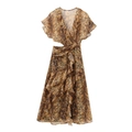 Braunes Midi-Kleid mit Schlangenmuster, V-Ausschnitt, Taillenausschnitten und Rüschensaum - XS / Tan Schlangenmuster