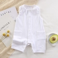 White sleeveless baby romper in ribbed cotton fabric with front buttons and pockets - 66CM / White