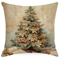 Christmas pillowcase with oil painting style tree and white poinsettia on linen fabric - YMD511-9 (White Poinsettia Tree)