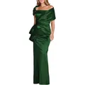 Elegant dark green off-shoulder satin mermaid evening gown with waist fold detail - US Size 4 (S) / Top And Bottom / Dark Green