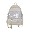 Mochila preppy blanco crema con bolsillo transparente de cuadros y cadena - Blanco Roto
