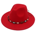 Detail of red fedora hat with turquoise gemstone and shell woven ethnic band accessory - M (56-58cm) / Red