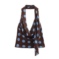 Brown halter neck sleeveless top with large blue polka dots in lightweight chiffon fabric - Tops