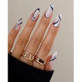 Lange stiletto plaknagels met grijze en zwarte abstracte lijnen op nude basis - Geometrische Abstracte Lijnstijl (Y-18) - Lijmtype