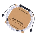 Detail of Morse code bracelet with white turquoise beads on a handmade display card - Best Bitches