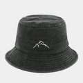 Close-up of vintage washed cotton bucket hat with mountain sunset embroidery and air vents - One Size / Army Green