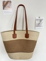 Two-tone woven straw tote bag with brown leather straps and beige striped design - Beige Fine Mesh