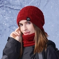 Deep red knit winter beanie and neck warmer set with fleece lining for cold weather - Burgundy