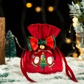 Red velvet Christmas drawstring gift bag with bow bell and Santa Claus print - Burgundy - Bow Double Snowman Logo