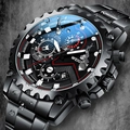 Waterproof all-black stainless steel sports chronograph watch with date and multi-dial features - Stainless Steel Strap / Black Steel Strap Black Dial