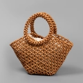 Handmade woven wood bead tote bag with white canvas drawstring liner for beach vacations - Khaki