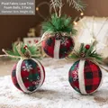 Set of 3 buffalo plaid Christmas foam balls with pine needles and pinecones hanging decor - Style D-Patchwork Lace Plaid Foam Balls 3Pcs / Diameter 8cm