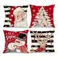 Set of 4 Christmas pillow covers with Santa, snowman, and reindeer in festive red themes - Red Stripe Xmas