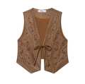 Gilet marrone in finta pelle scamosciata con scollo a V, ricamo floreale e borchie - XS / Marrone Scuro