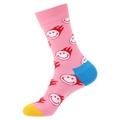 Pink mid-calf cotton socks with red flaming smile patterns and colorful details - 938