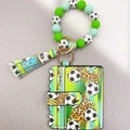 Green and mint green football pattern silicone bead wristlet with matching card wallet - Soccer (08)