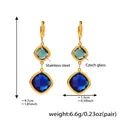 Detail of square Czech glass drop earrings in green and blue with gold stainless steel frame - Gold Blue Glass
