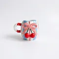 Tazza in ceramica a righe bianche e blu con fiocco rosa e decorazione a ciliegia - 301-400ml / Stile Fiocco a Strisce Blu
