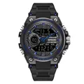 SANDA men's sport watch with matte black rubber strap and blue accents dual display - 6092 Black Blue Men's