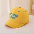 Detail view of vibrant yellow cotton kids baseball cap with blue 3D SUPER idols embroidery - 48-50cm(1-3 Years) / Yellow