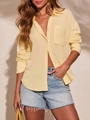 Camisa de manga larga de algodón amarillo claro con textura arrugada para el verano - S / Amarillo claro