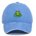 Sky blue washed cotton baseball cap with vintage lotus frog embroidery and curved brim - Light Blue