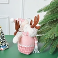Pink and white reindeer plush Christmas ornament with knitted hat and plaid pocket - Pink Reindeer (Height 20cm)