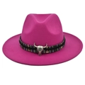 Rose red wool jazz fedora hat featuring a tribal band and silver bull head accessory - M (56-58cm) / Dark Rose Red