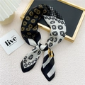 Elegant 70cm silk scarf with black, gold, and white clover pattern and houndstooth print - 25 Copper Flower Stripe Black