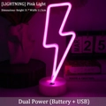 Pink lightning bolt LED neon sign with round base for desk decor, battery and USB powered - Lightning Bolt Pink Light