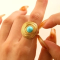 Bohemian gold ring with sky blue turquoise stone and spiral texture design - Turquoise Spiral (9741)