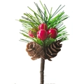 Weihnachtskiefer-Pick mit roten Beeren und Tannenzapfen für festliche Feiertagsdekoration - Kiefernnadel 5 Rote Beeren 2 Zapfen (Simulation)