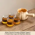 Large white ceramic pumpkin tea pot with four ribbed glass cups and wooden heat sleeves - 750ml / White Ceramic Melon Pot + 4 Glass Bamboo Sleeve Cups (750ml)
