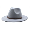 Close-up of grey wool fedora hat featuring a brown leather decorative embossed band - M (56-58cm) / Light Gray