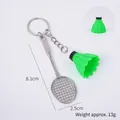 Miniature green badminton racket keychain with silver alloy frame and feather shuttlecock - Dark Green Shuttlecock + Racket