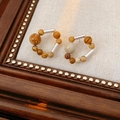 Detail of beaded flower earrings with silver accents and natural texture beads - 1# Silver Needle-Silver-Brown Round