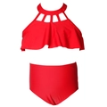 Two-piece red girls' bikini with ruffle halter top and high-waisted elastic swim bottoms - 104 / Red Cutout Top & Red Triangular Bottom Set