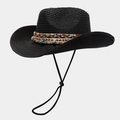 Black Bohemian wide brim straw cowboy hat with colorful ethnic band and starfish charm - Solid Black
