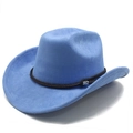 Detail view of sky blue suede cowboy hat with brown braided band and silver metal buckle - M(56-58cm) / Sky Blue (Suede)