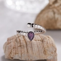Anillo de plata S925 con amatista natural de corte pera y diseño de banda tipo bambú - Estilo abierto de serpiente de bambú (LR383)