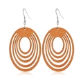 Detail view of coffee-colored hollow oval wooden earrings with concentric geometric patterns - Style 41/Large Oval Concentric Hollow