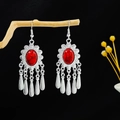 Bohemian silver drop earrings with red turquoise stone and five metal tassels - Red