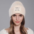 Winter rabbit fur knit beanie for women in beige featuring a stylish letter patch - Off White