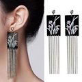 Long black Chinese style fan-shaped fringe earrings with white flower patterns - Geometric Orchid Tassel H1834